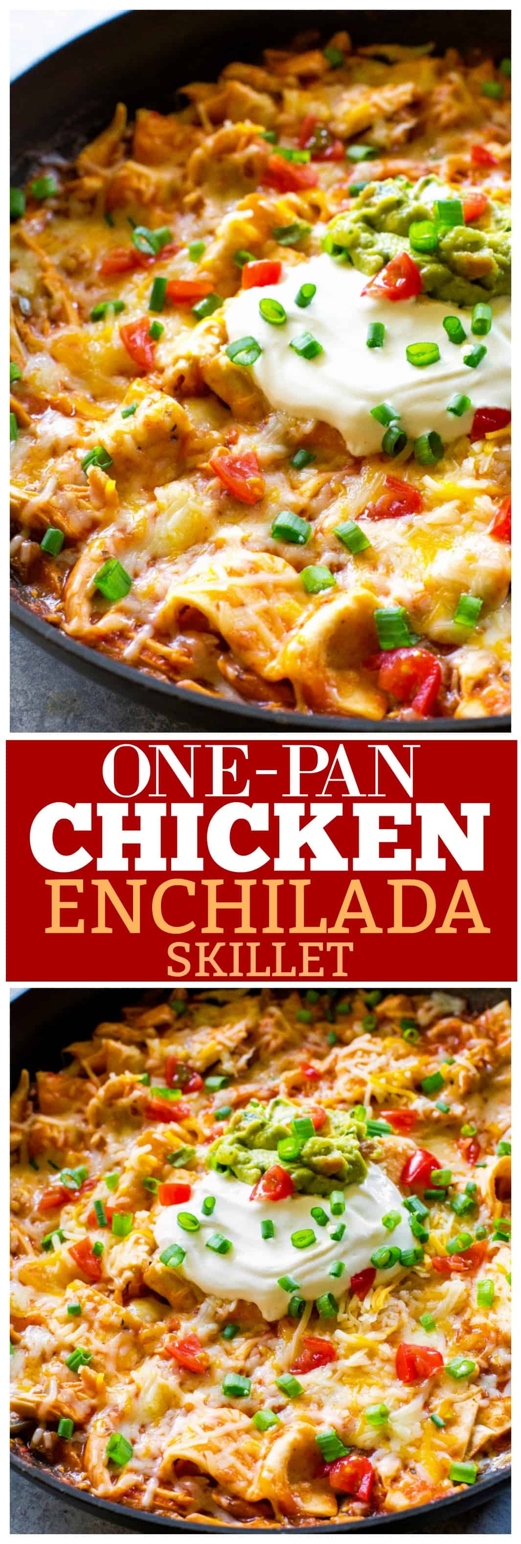 One Pan Chicken Enchilada Skillet enchilada sauce, chicken, tortillas, and salsa topped with sour cream and green onions